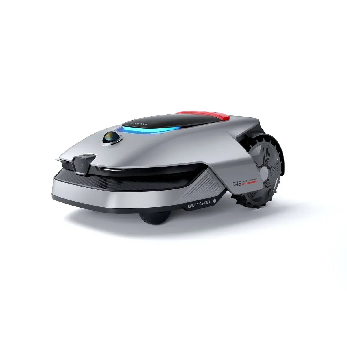 Le robot tondeuse Dreame A2 3000 de trois quarts avant, sa caméra frontale, son dôme LiDAR et sa roue arrière à crampons