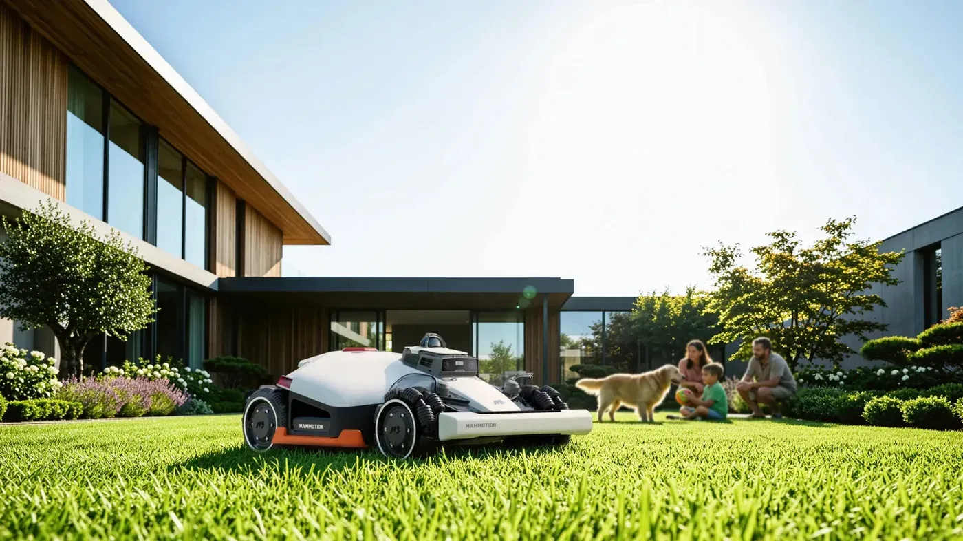 Le LUBA 3 AWD 3000 tond une pelouse devant une maison contemporaine, une famille et un chien en arrière-plan