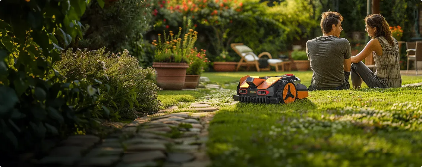 Le Landroid Vision longe un chemin de pas japonais dans un jardin planté, deux personnes assises sur la pelouse en arrière-plan